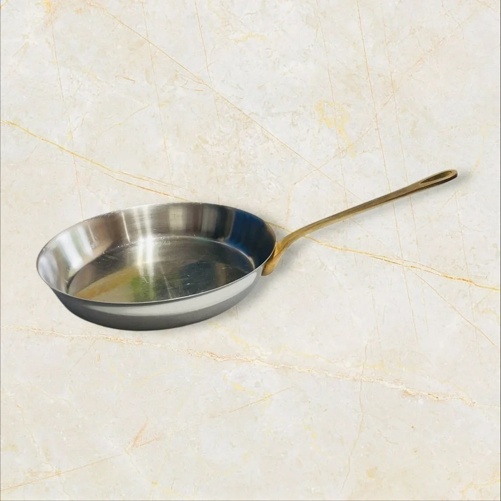VTG Frying Pan 11” Stainless Steel Brass Handle Heavy - Great!