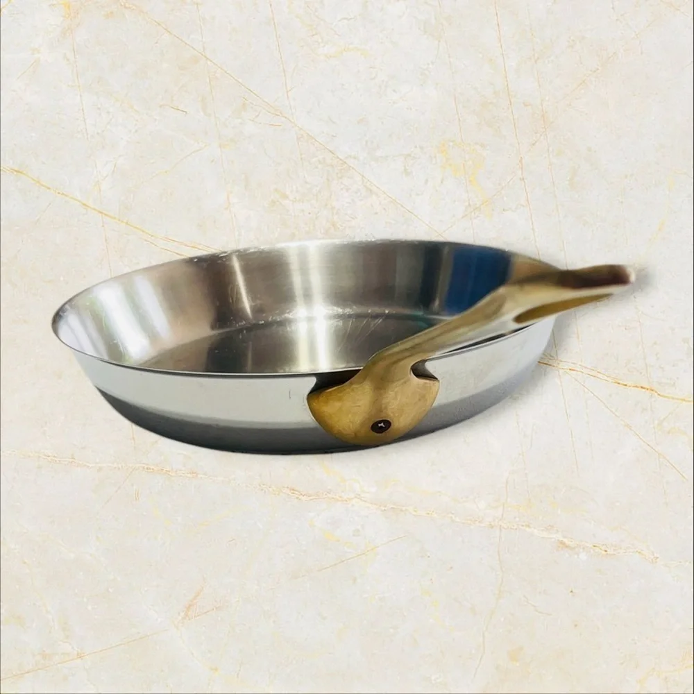 VTG Frying Pan 11” Stainless Steel Brass Handle Heavy - Great!