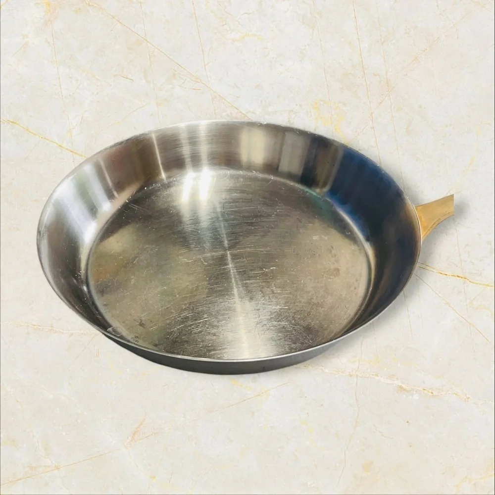 VTG Frying Pan 11” Stainless Steel Brass Handle Heavy - Great!