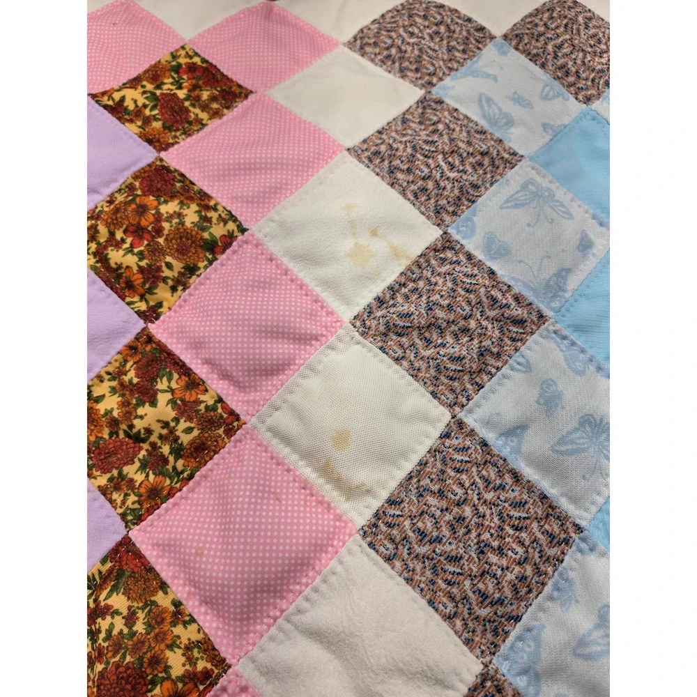 Handmade Patchwork Quilt Oversized 115x90 Multi Color Crochet Border Vintage