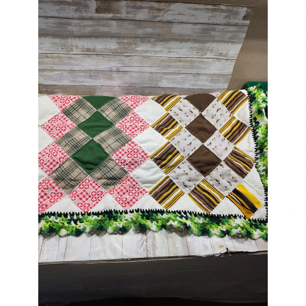 Handmade Patchwork Quilt Oversized 115x90 Multi Color Crochet Border Vintage
