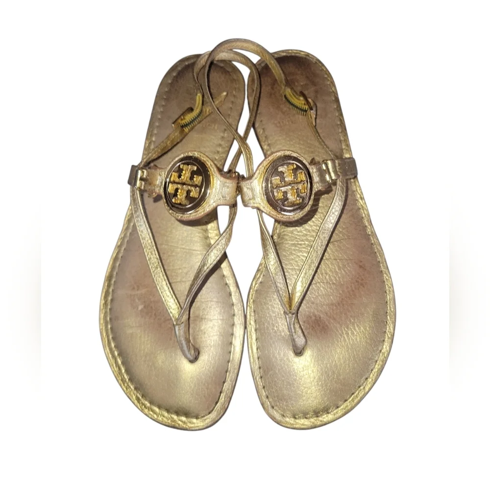 Tory Burch Women's Equestrain Gold Metallic Sumner Thong Flat Leather Sandals 7