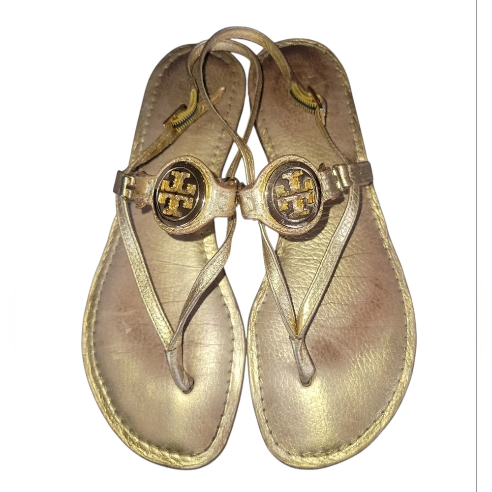 Tory Burch Women's Equestrain Gold Metallic Sumner Thong Flat Leather Sandals 7