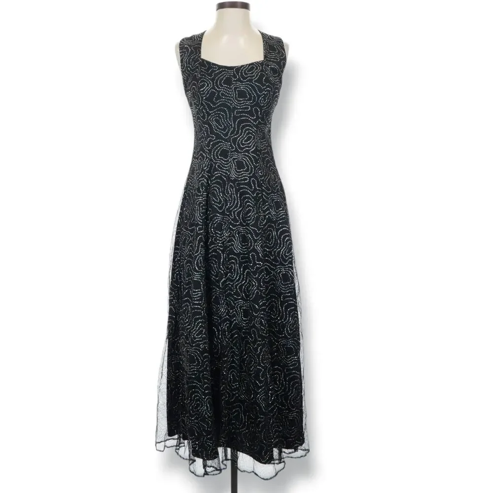Vintage All That Jazz Black Mesh Rhinestone Maxi Dress Open Back Party Wedding