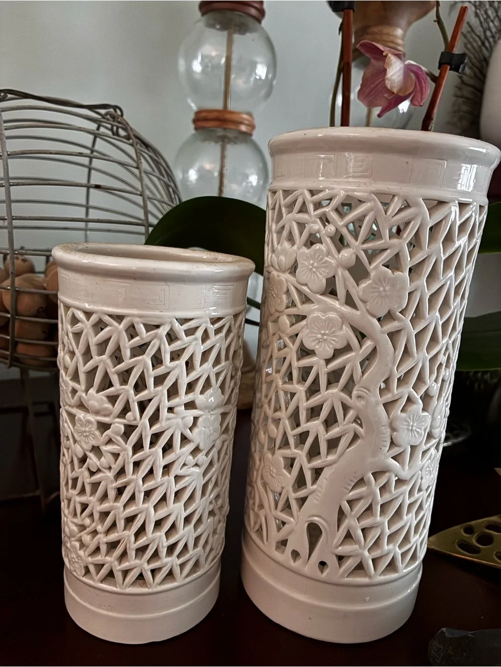 Vtg CHINESE BLANC DE CHINE RETICULATED CHERRY BLOSSOM lamp open vase porcelain