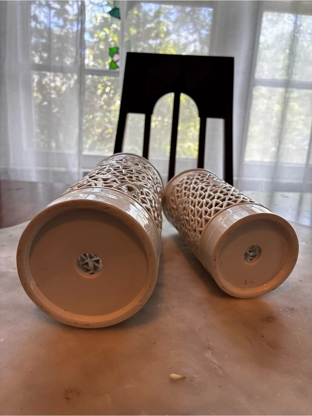 Vtg CHINESE BLANC DE CHINE RETICULATED CHERRY BLOSSOM lamp open vase porcelain
