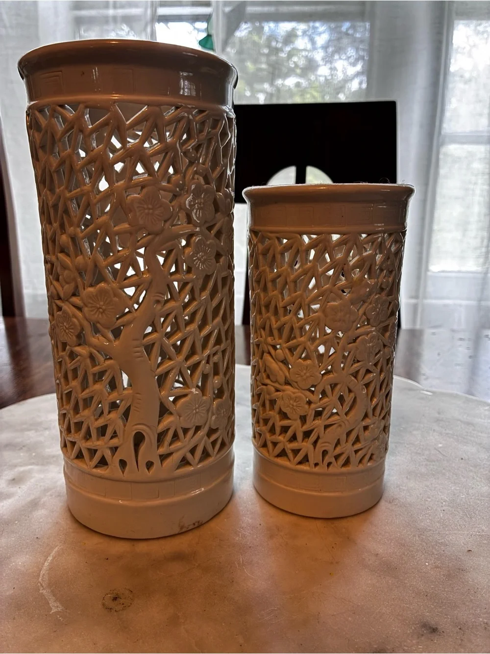 Vtg CHINESE BLANC DE CHINE RETICULATED CHERRY BLOSSOM lamp open vase porcelain