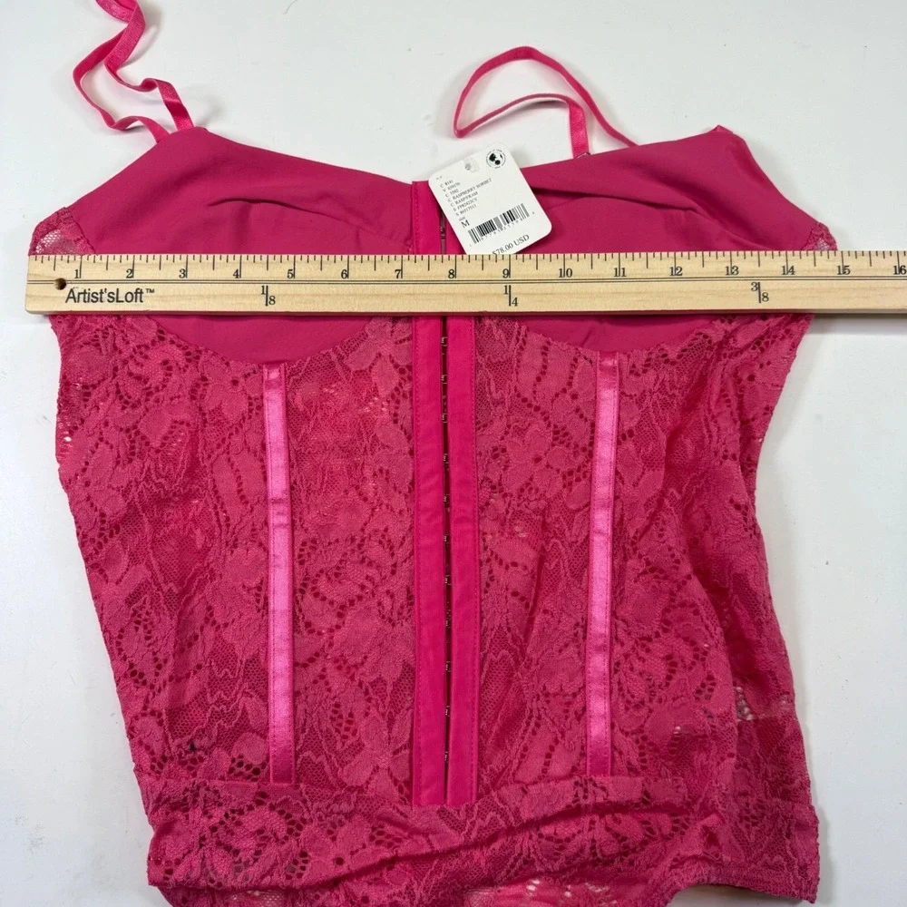 FREE PEOPLE Intimately Lace Night Rhythm Thong Bodysuit Raspberry Sorbet Medium