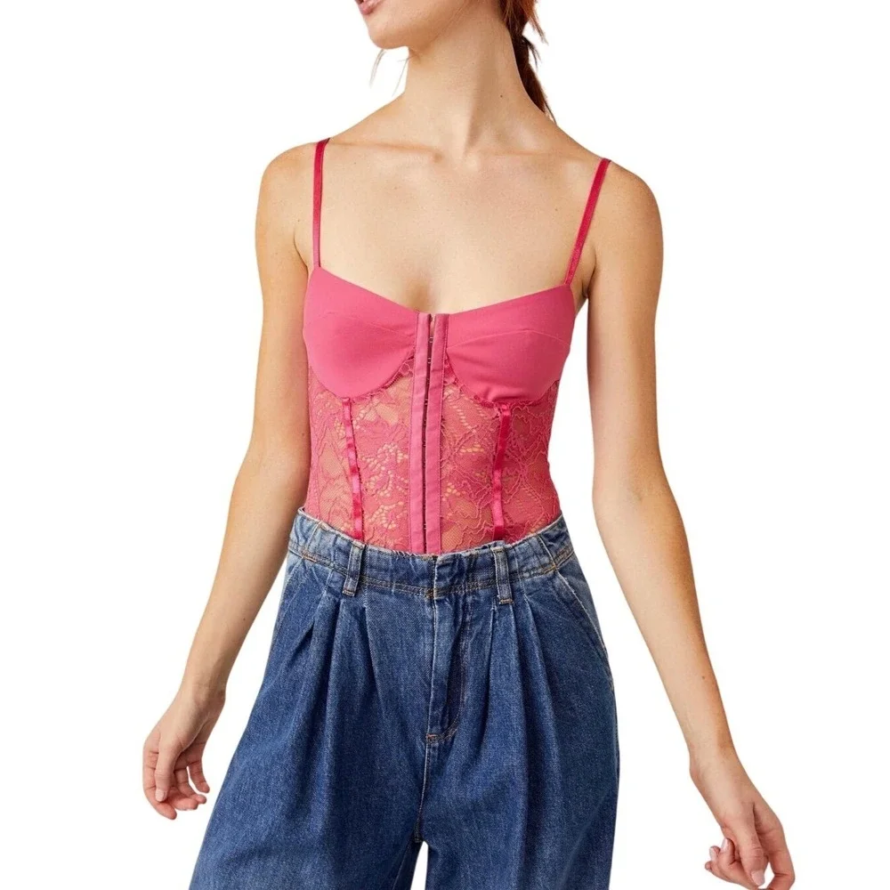 FREE PEOPLE Intimately Lace Night Rhythm Thong Bodysuit Raspberry Sorbet Medium