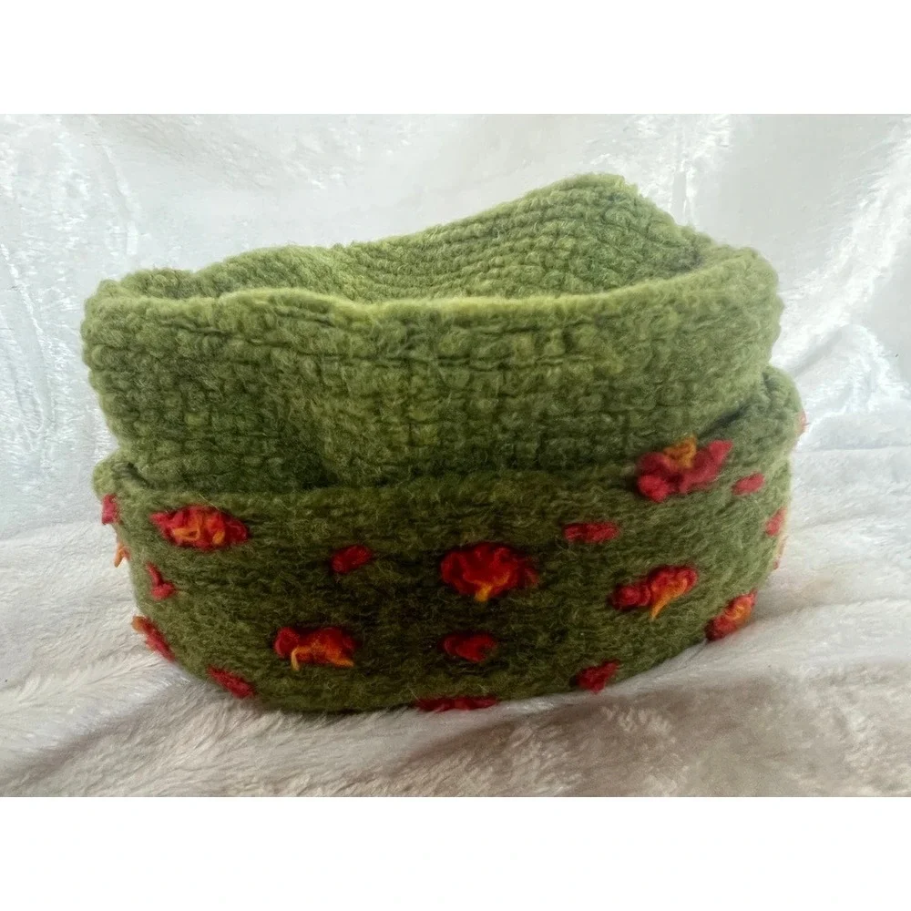Pillbox Hat Green Wool Felt Munki Munki Kids M Floral Textured USA