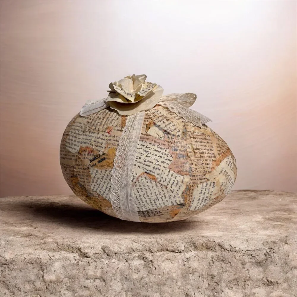 Shabby Chic Decoupage Egg w/ Vintage Book Pages and Paper Rose & Lace -9 inches