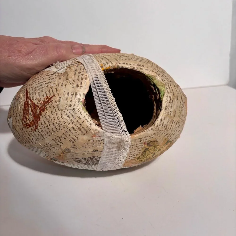 Shabby Chic Decoupage Egg w/ Vintage Book Pages and Paper Rose & Lace -9 inches