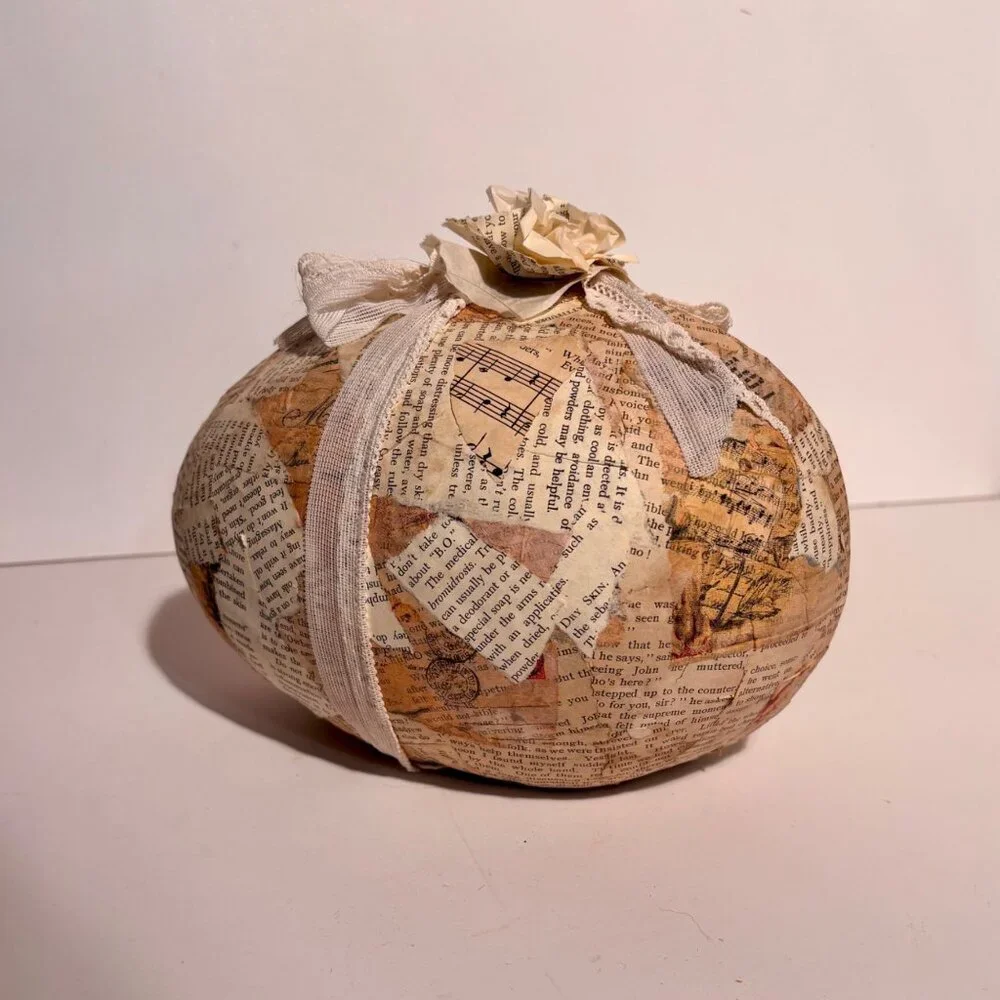 Shabby Chic Decoupage Egg w/ Vintage Book Pages and Paper Rose & Lace -9 inches