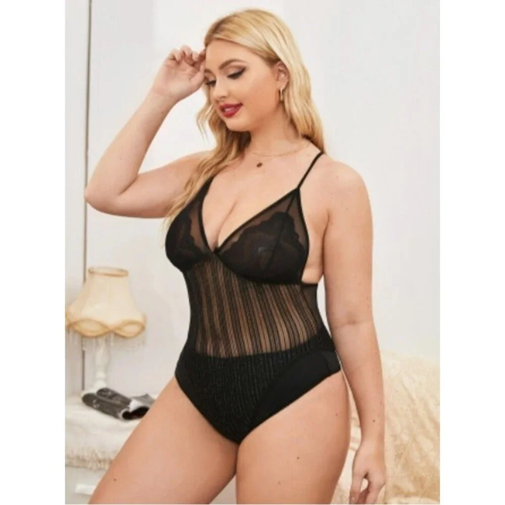 1X Plus Mesh Contrast Lace Teddy Bodysuit