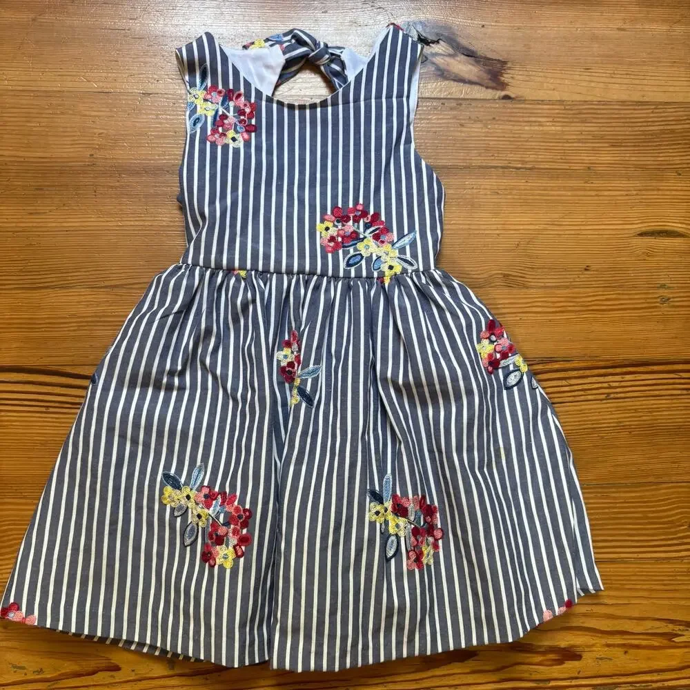 Rare Editions blue white‎ striped embroidered floral tank girls dress SIZE 7