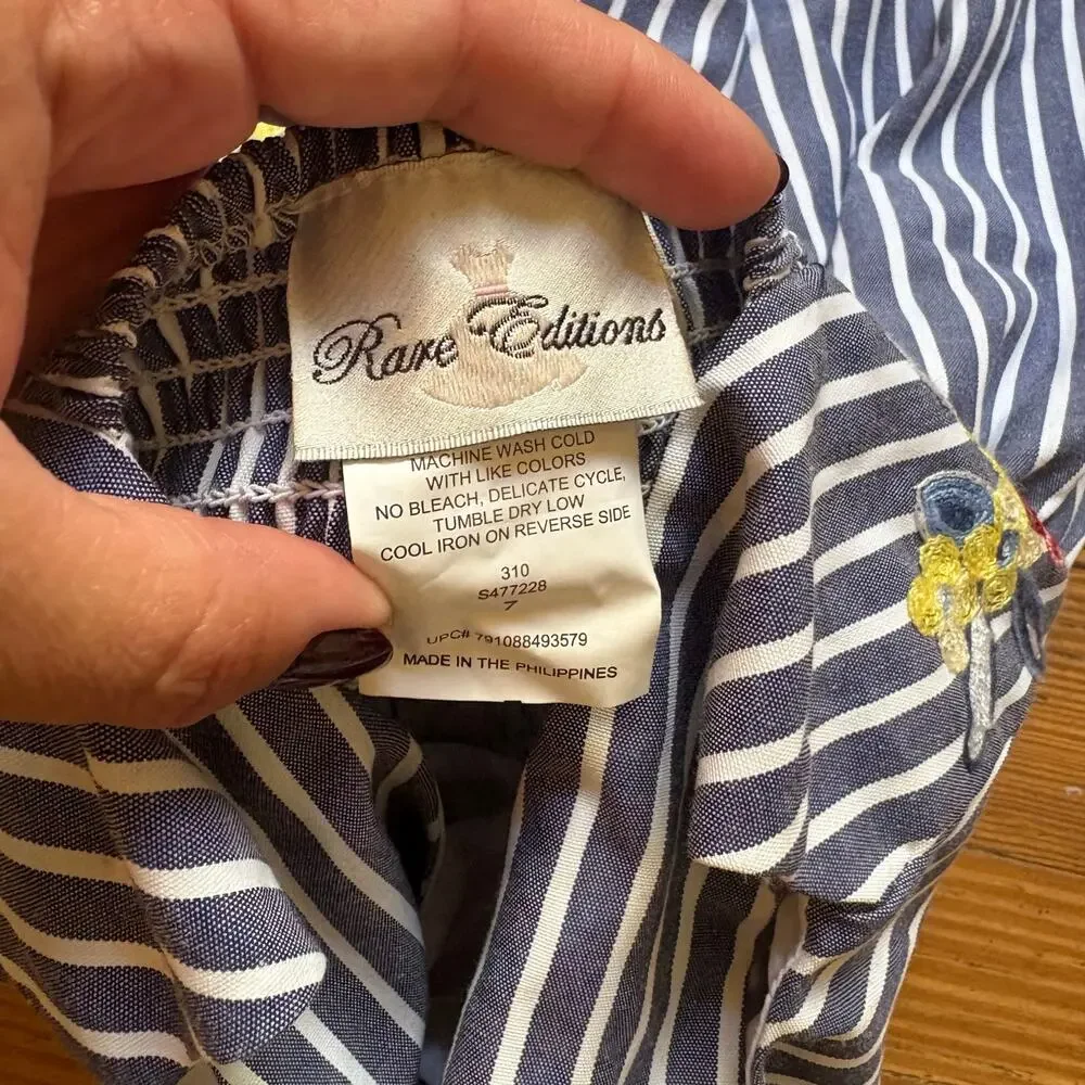 Rare Editions blue white‎ striped embroidered floral tank girls dress SIZE 7