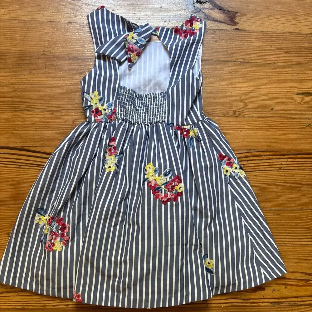 Rare Editions blue white‎ striped embroidered floral tank girls dress SIZE 7
