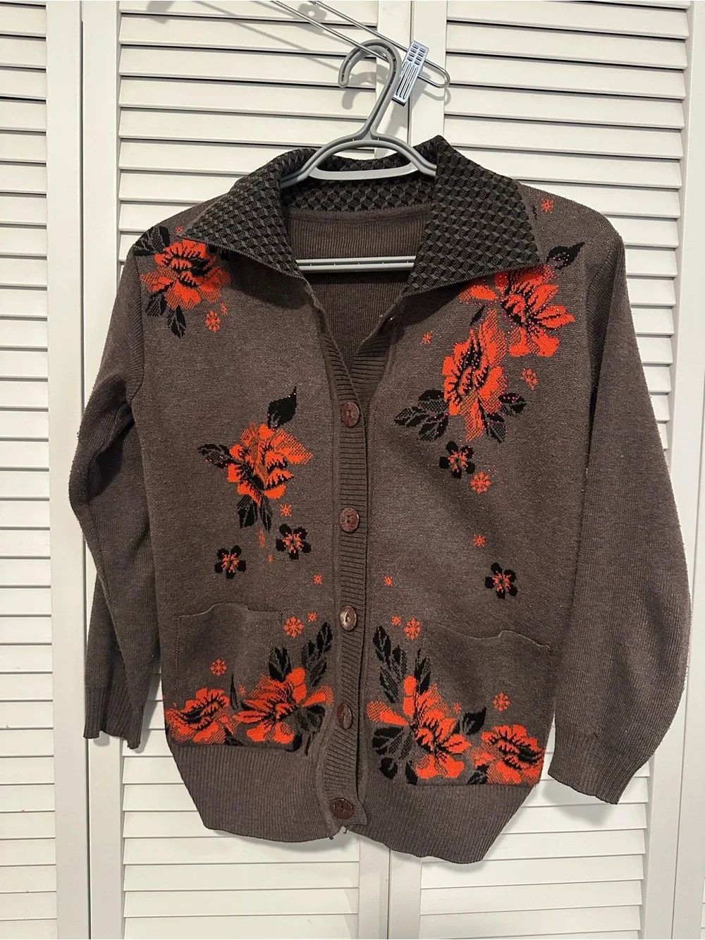 Brown Button-Up Cardigan with Orange Floral Accent