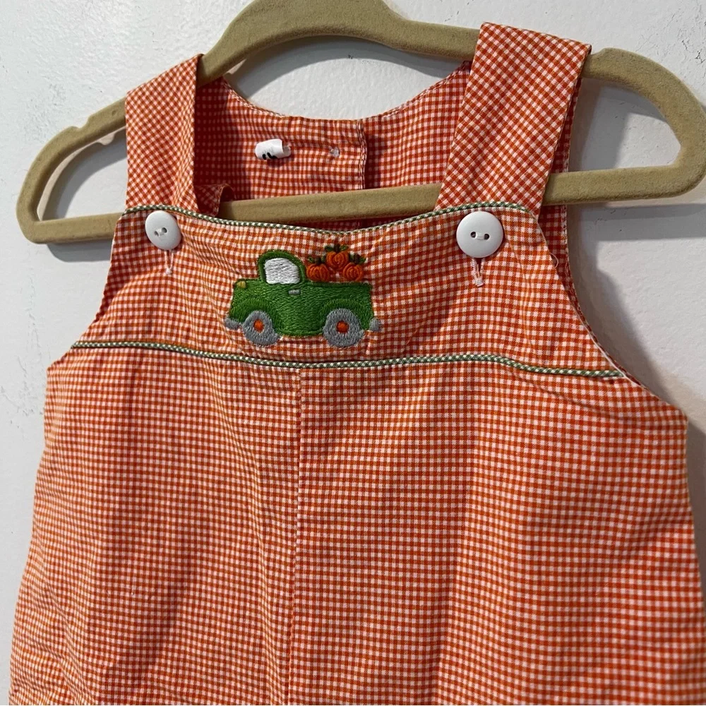 Orange Gingham Pumpkin Truck Overalls