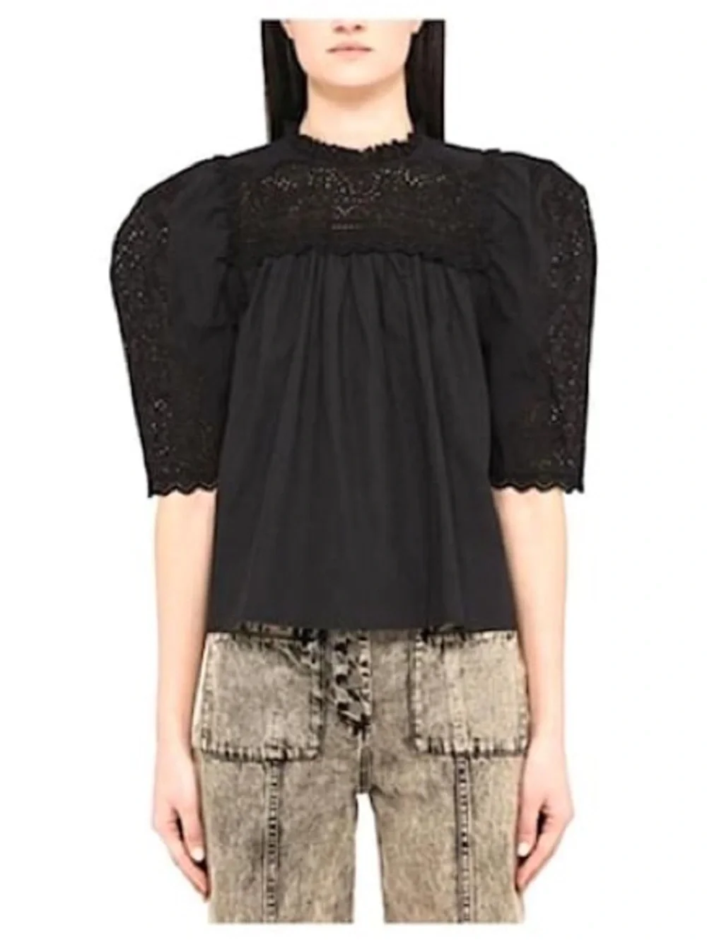 Ulla Johnson Yvonne Embroidered Black Yoke Puff Sleeve Blouse Size 8