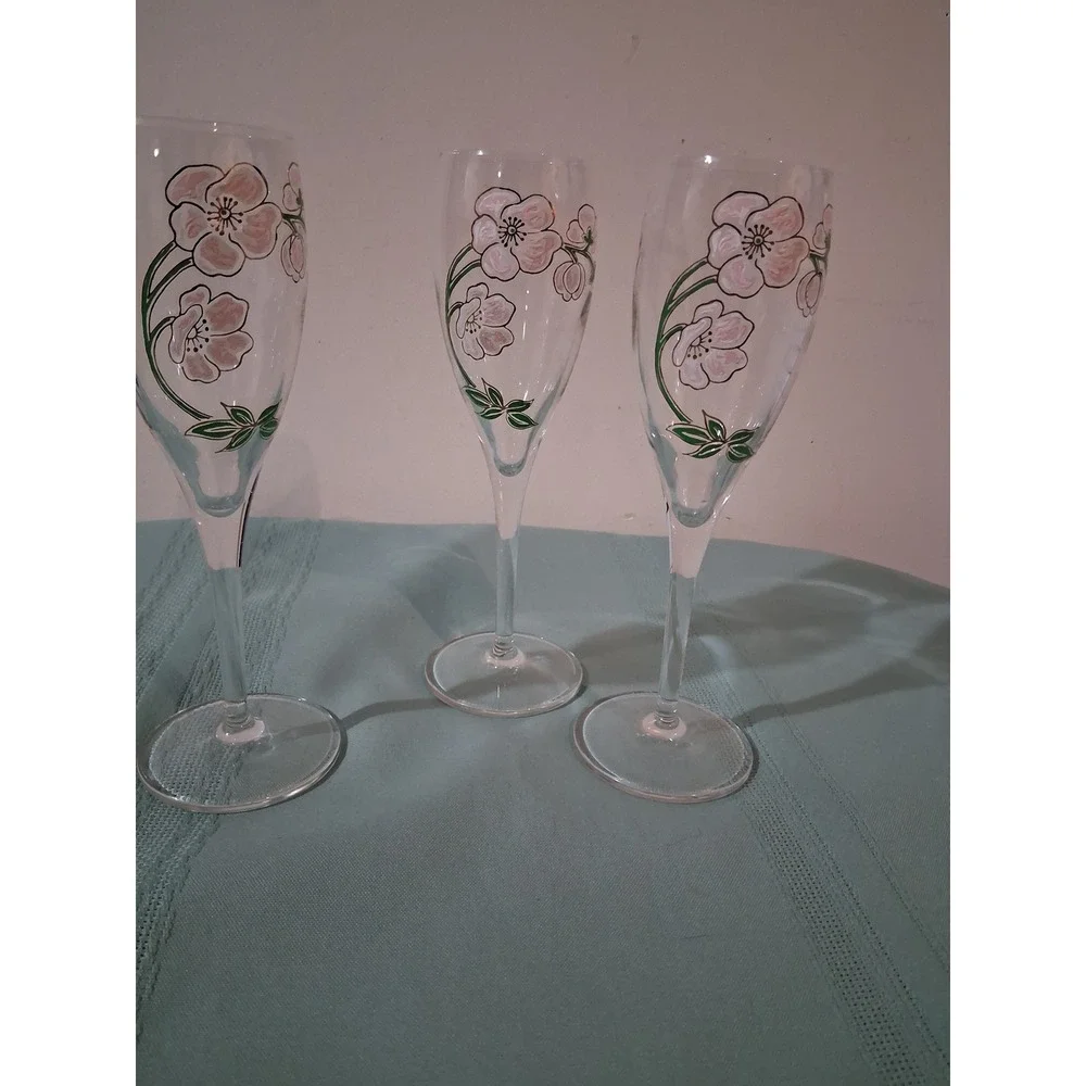 Set of 3 perrier jouet hand painted floral champagne glasses 7 1/2