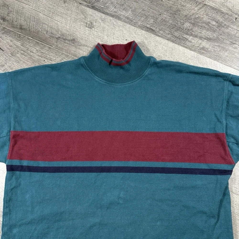 VNTG 80s LL Bean Large Green Blue Knit Sweater Pullover Mock Neck Made In USA