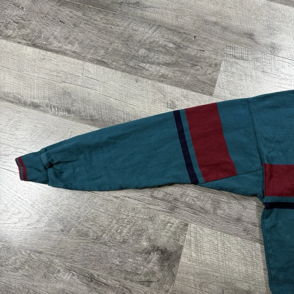 VNTG 80s LL Bean Large Green Blue Knit Sweater Pullover Mock Neck Made In USA