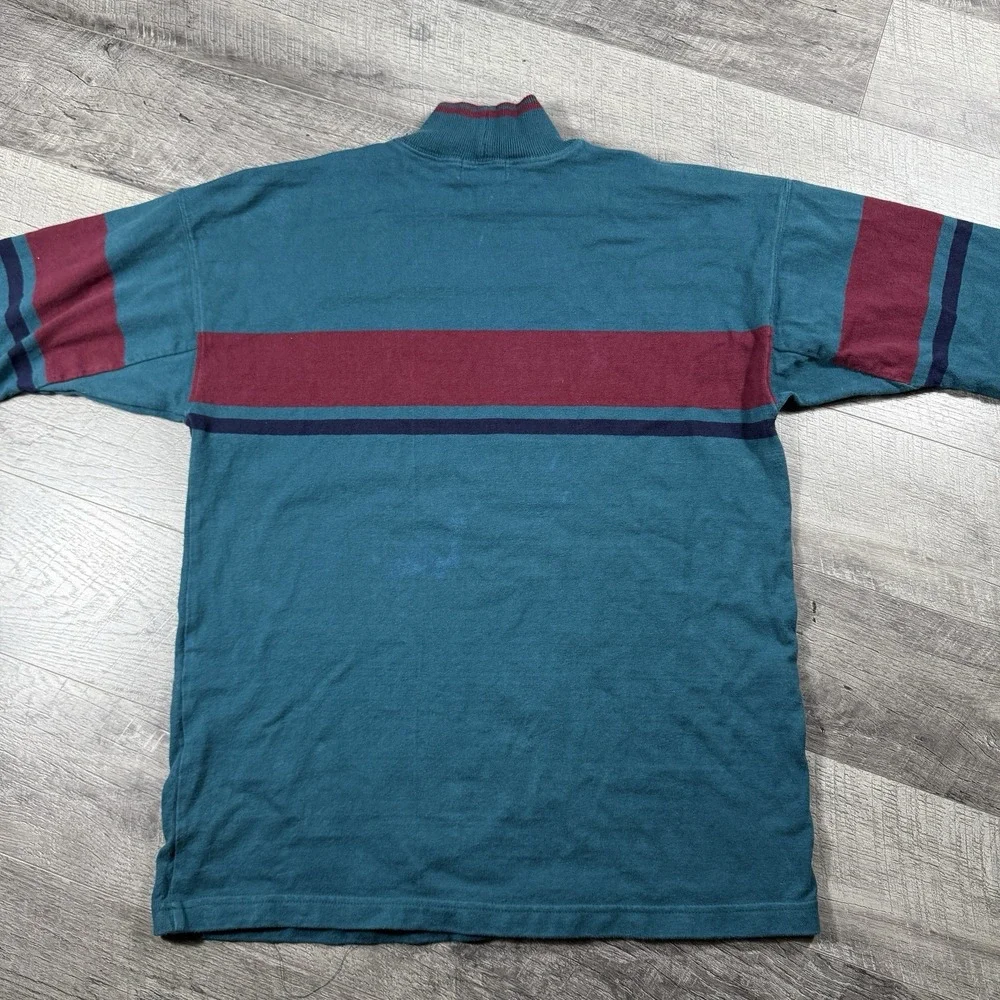 VNTG 80s LL Bean Large Green Blue Knit Sweater Pullover Mock Neck Made In USA