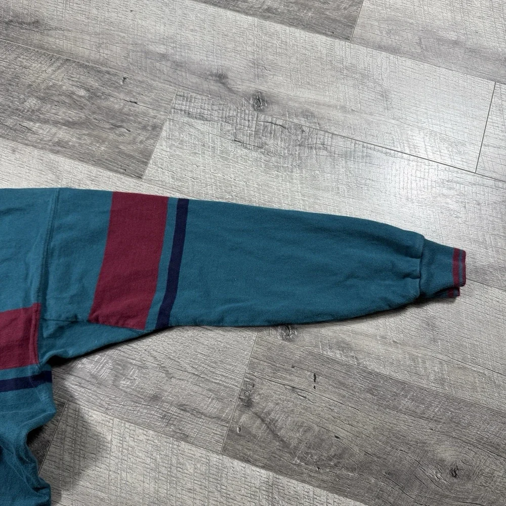 VNTG 80s LL Bean Large Green Blue Knit Sweater Pullover Mock Neck Made In USA