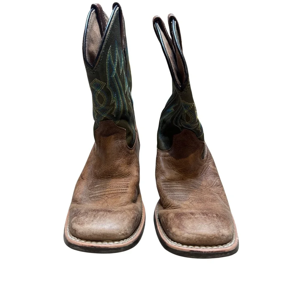 Ariat‎ Kids Square Toe Western Cowboy Boots Brown Green Stitching Pull-On size 4