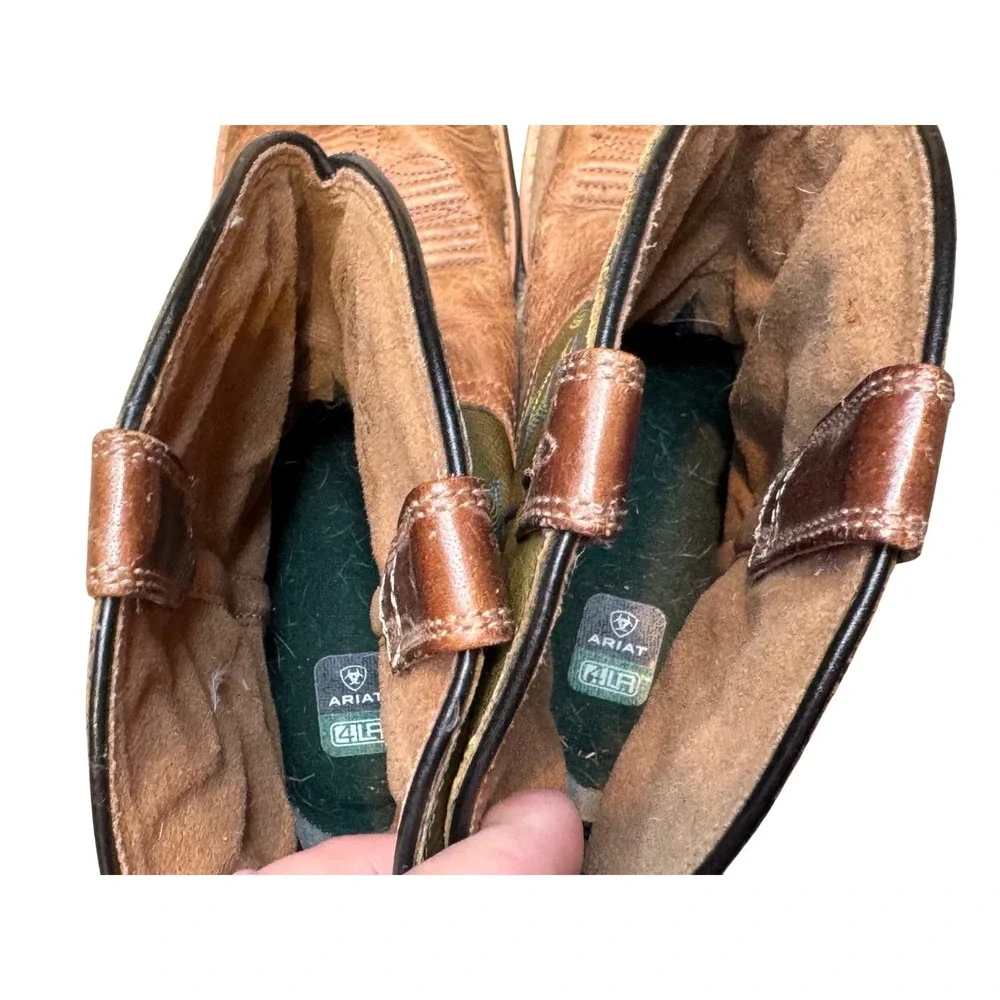 Ariat‎ Kids Square Toe Western Cowboy Boots Brown Green Stitching Pull-On size 4