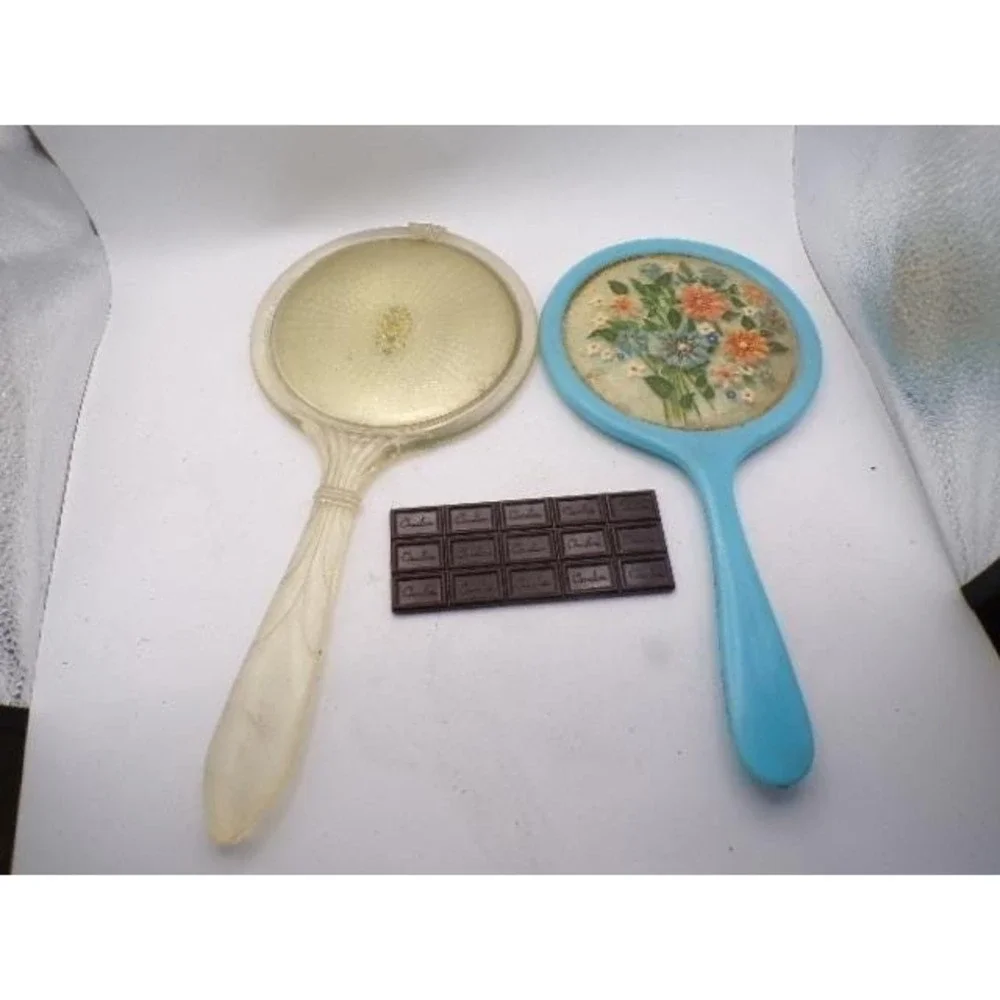 Vintage Hand Mirror Lot 3pc Blue Floral Clear‎ Lucite MCM Novelty Chocolate Bar