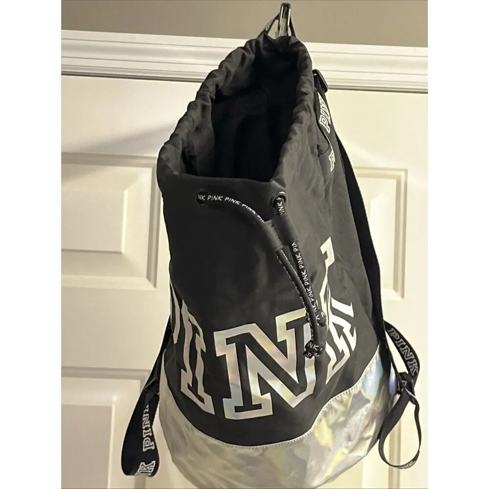 PINK Victoria's Secret Cinch Drawstring Large Back Pack Black/Silver NWOT