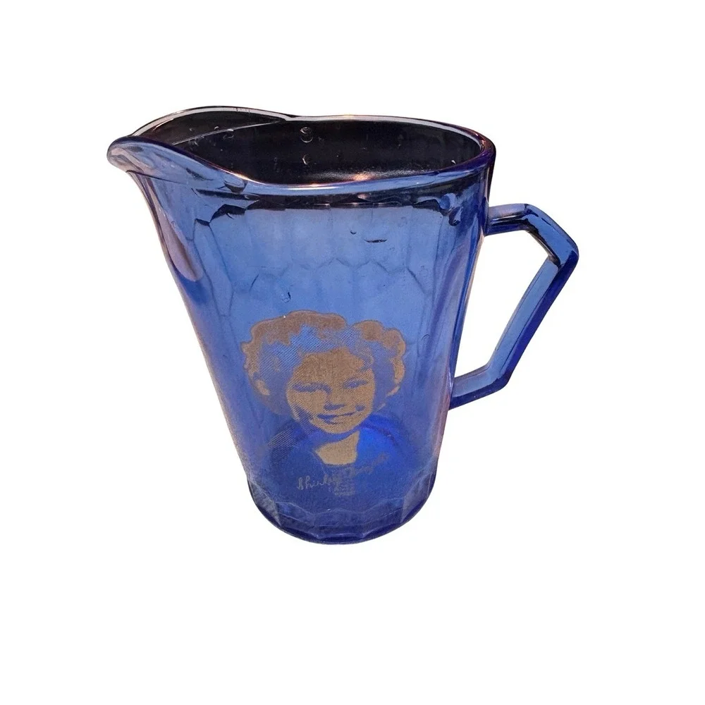 Vintage Blue‎ Depression Glass Shirley Temple Small Pitcher & Cup With Handles