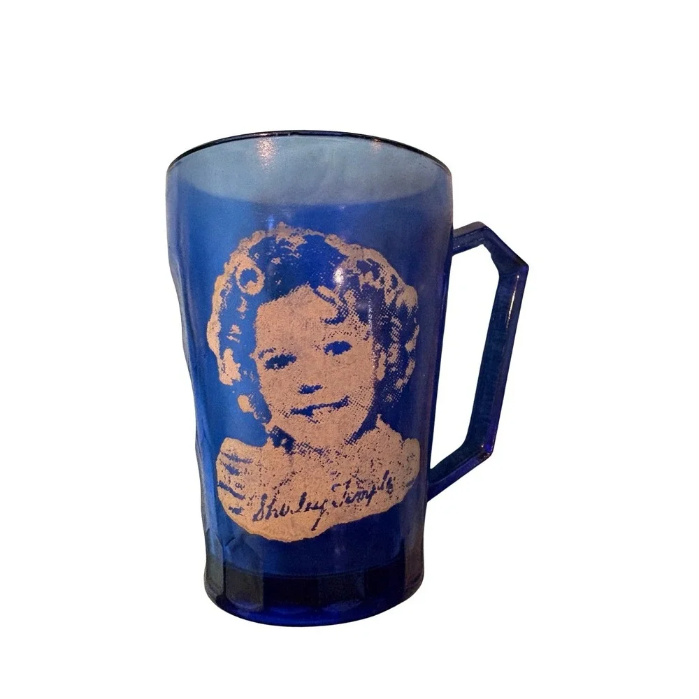 Vintage Blue‎ Depression Glass Shirley Temple Small Pitcher & Cup With Handles