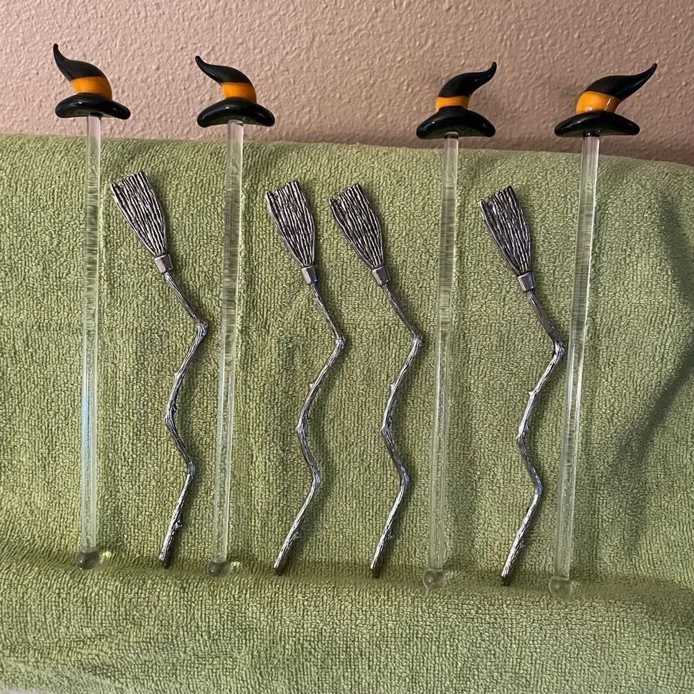 Blown Glass Witch Hat Stir Sticks Metal Broom Stir Sticks lot of 8!