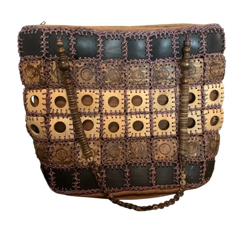 Handcrafted Boho‎ Patchwork Shoulder Bag Beaded Straps & Unique Coconut Shells