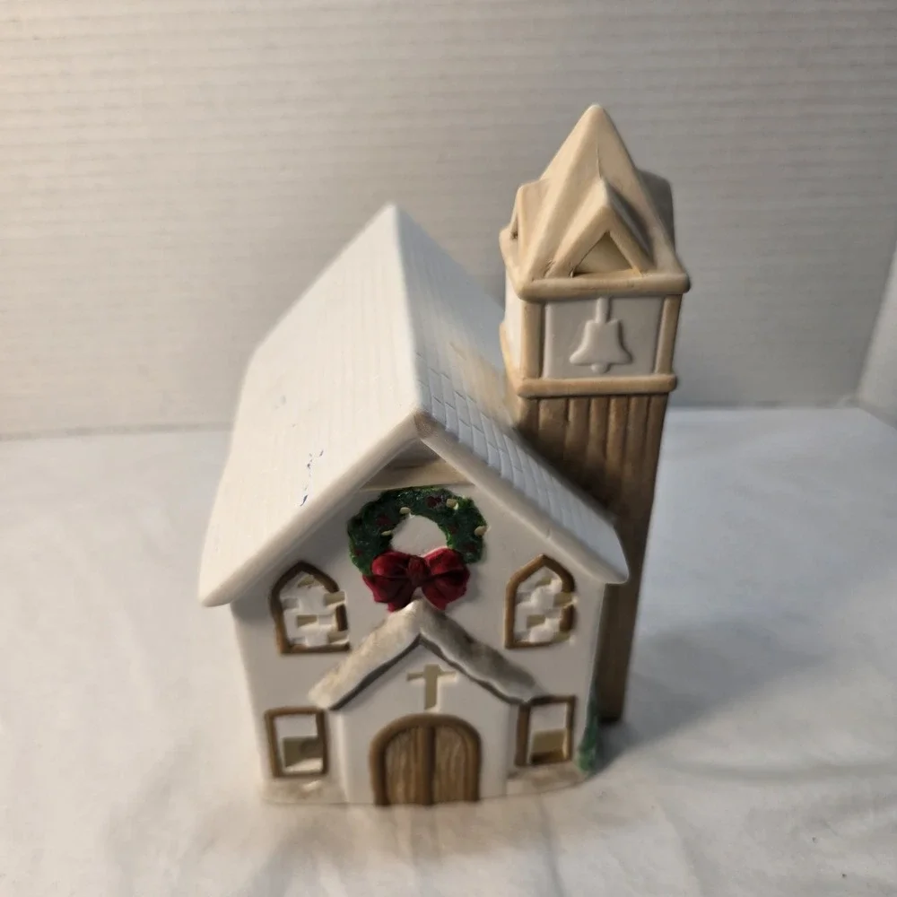Ceramic Christmas Church House Village Decoration with‎ Wreath Bell Tower
