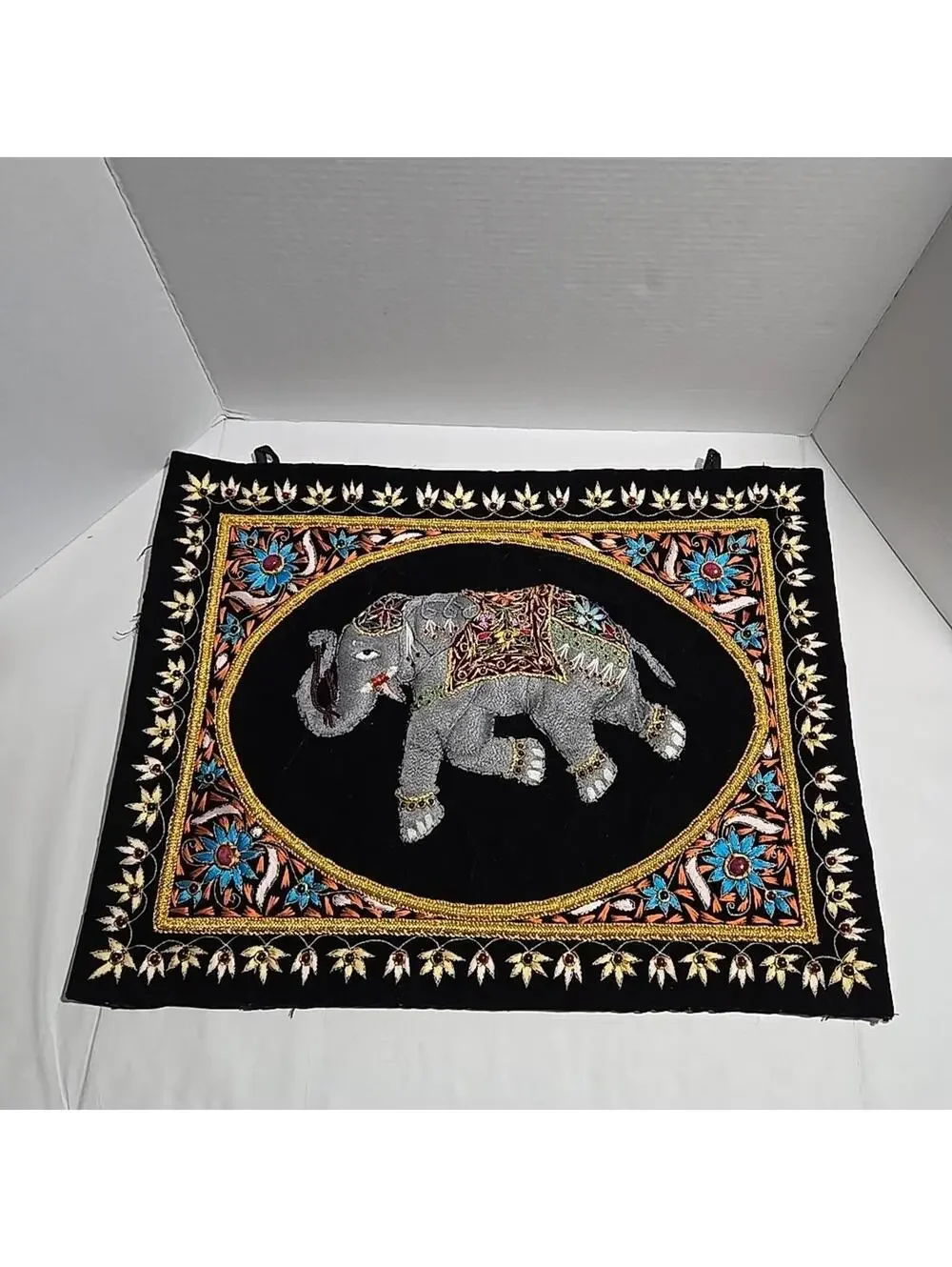Royal Elephant Zardozi Embroidered & Jeweled Tapestry 3D Wall Art 24x18