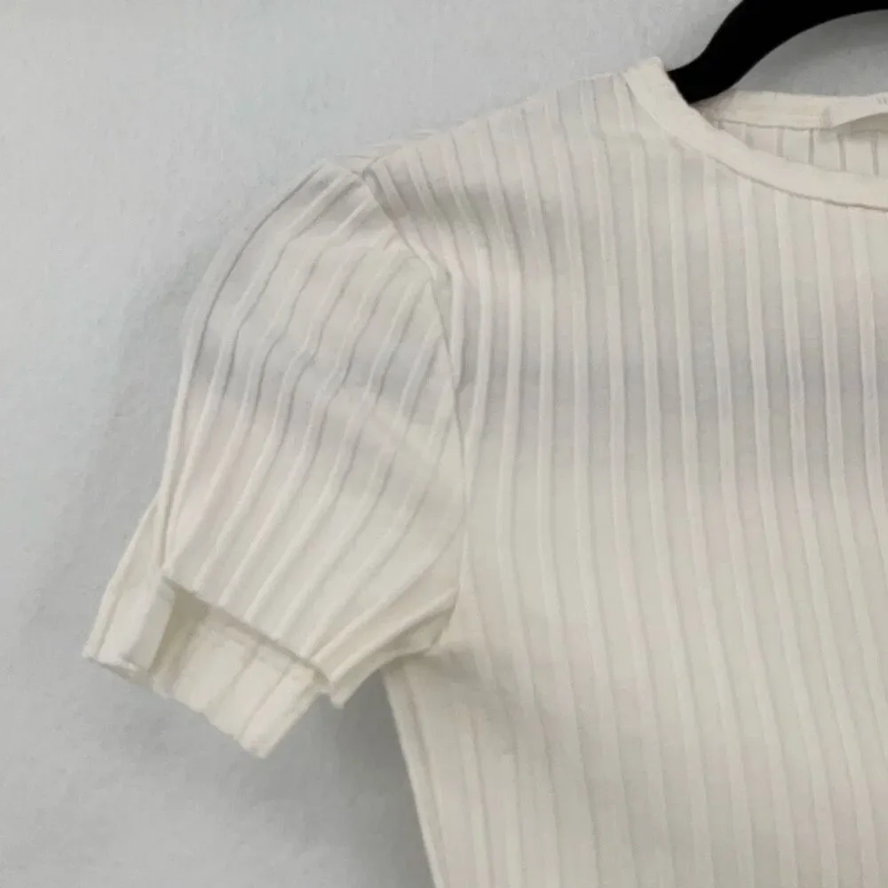 Helmut Lang Ivory Ribbed Uneven Hem Pima Cotton Blend Short Sleeve Knit Top XS