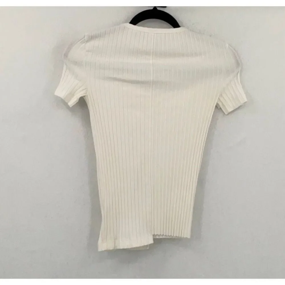 Helmut Lang Ivory Ribbed Uneven Hem Pima Cotton Blend Short Sleeve Knit Top XS