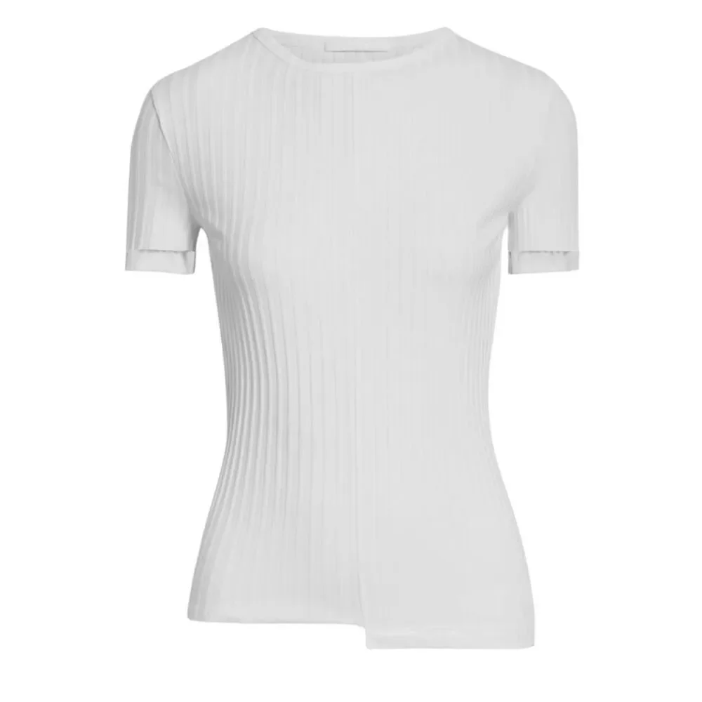 Helmut Lang Ivory Ribbed Uneven Hem Pima Cotton Blend Short Sleeve Knit Top XS