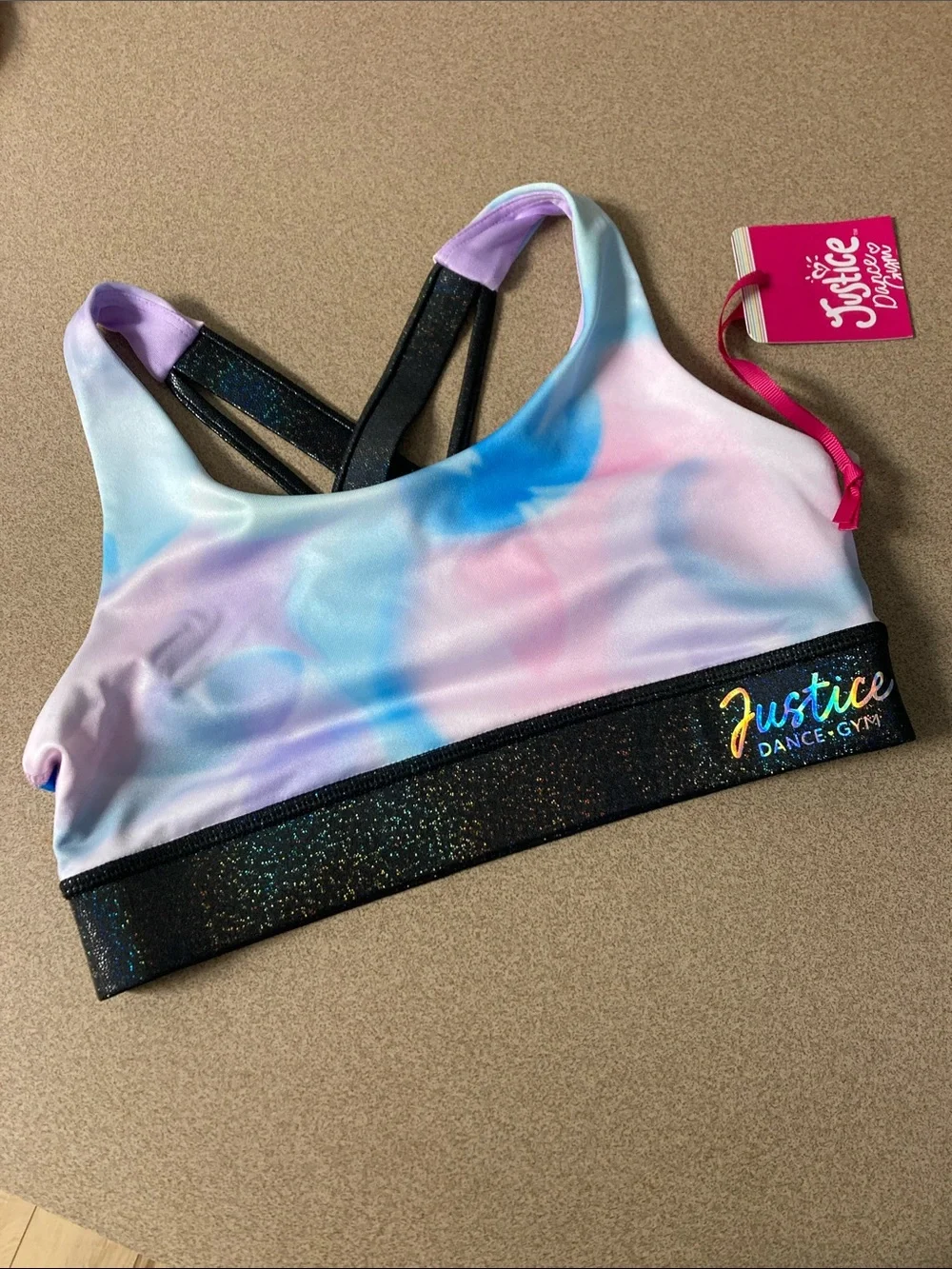 Justice Tie-Dye Sports Bra with Glitter Logo Band - Pink Blue Purple