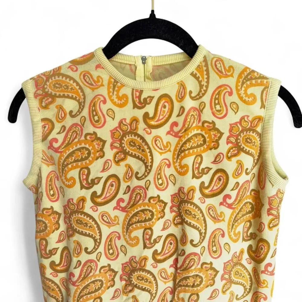 Vintage 1970s Yellow orange Paisley Knit Sweater Vest size S