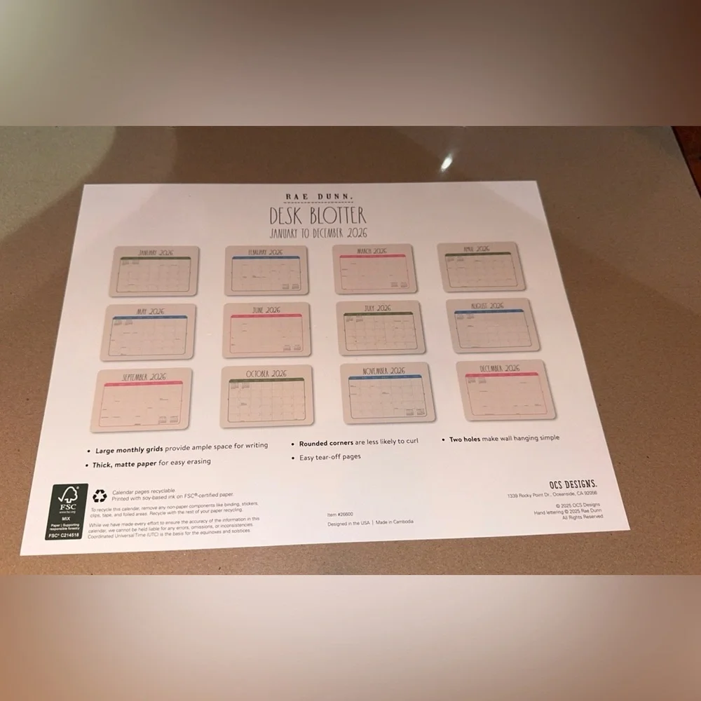 SALE NWT Rae Dunn January-December 26’ LRG Desk Blotter Monthly Planner Calendar