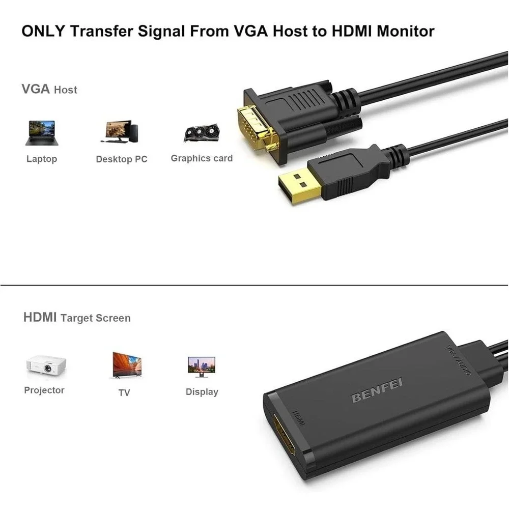 Benfei HDMI to VGA Adapter with Audio and USB Power Support, Gold-Plated
