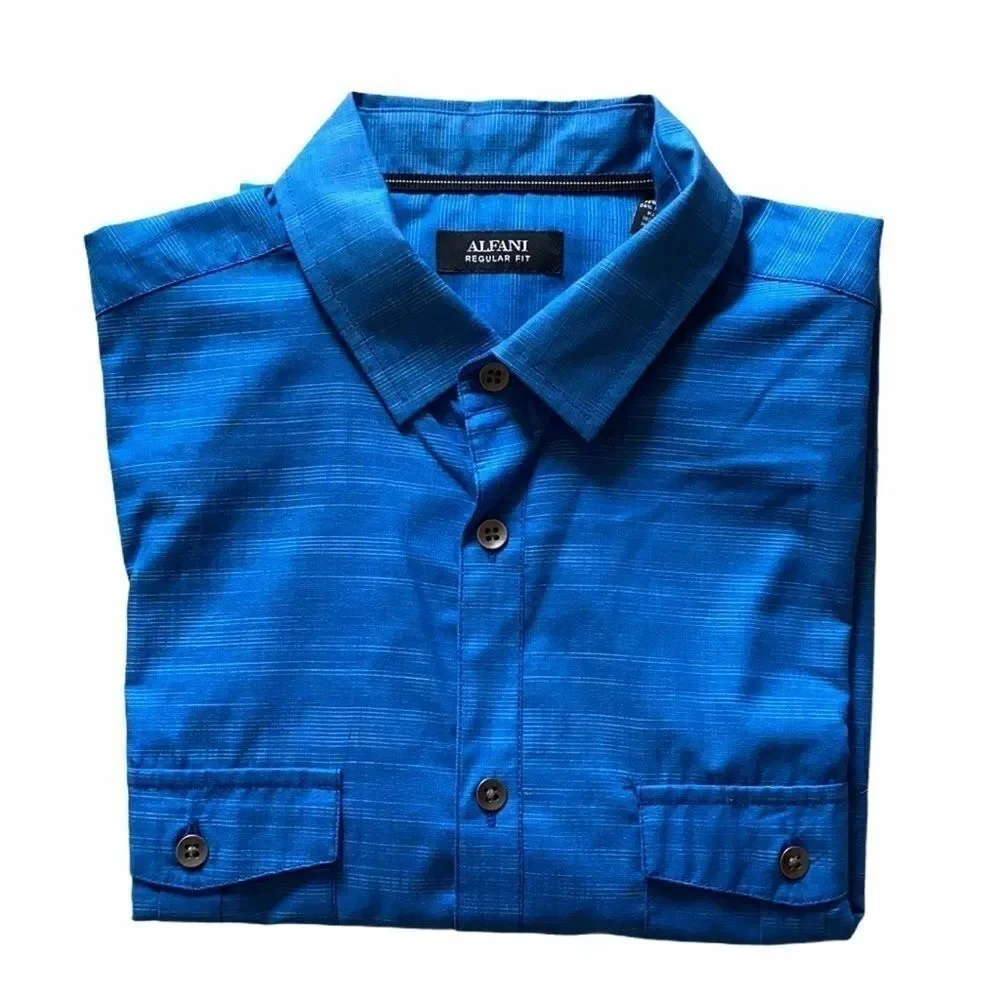 NWOT Alfani Regular Fit Blue Short Sleeve Button Down M Shirt Casual