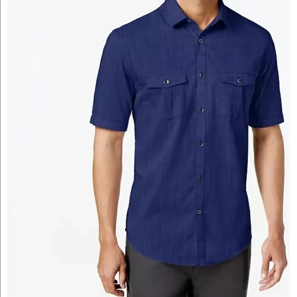 NWOT Alfani Regular Fit Blue Short Sleeve Button Down M Shirt Casual