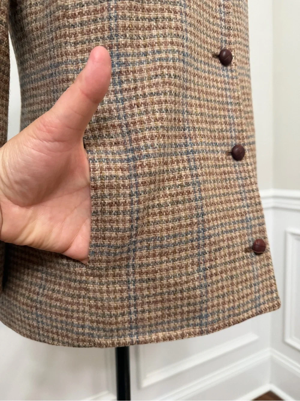 Vintage Equations 100% Pure Wool Blazer Jacket Sz 6 Brown Blue Plaid Check READ