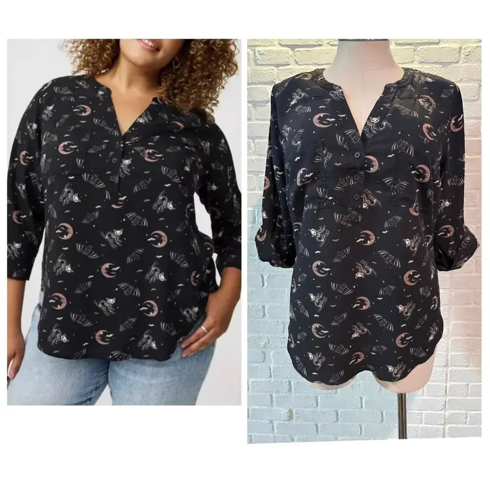 Torrid 4 (4X‎ 26) Spooky Cats & Bats Moon Stars Challis Harper Blouse Shirt New